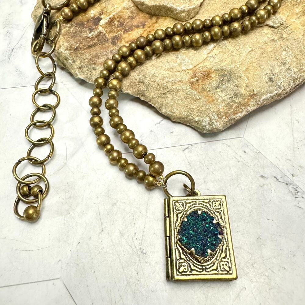 Antique Gold Tone Book Locket Pendant Necklace Celestial Embossed Faux Druzy